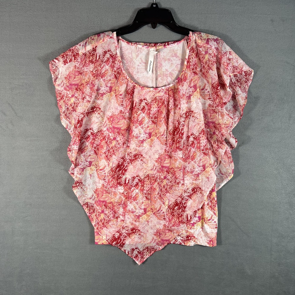 Ivy Collection Women's M Pink Red Floral Ruffle Sleeve Blouse Top Lightweight